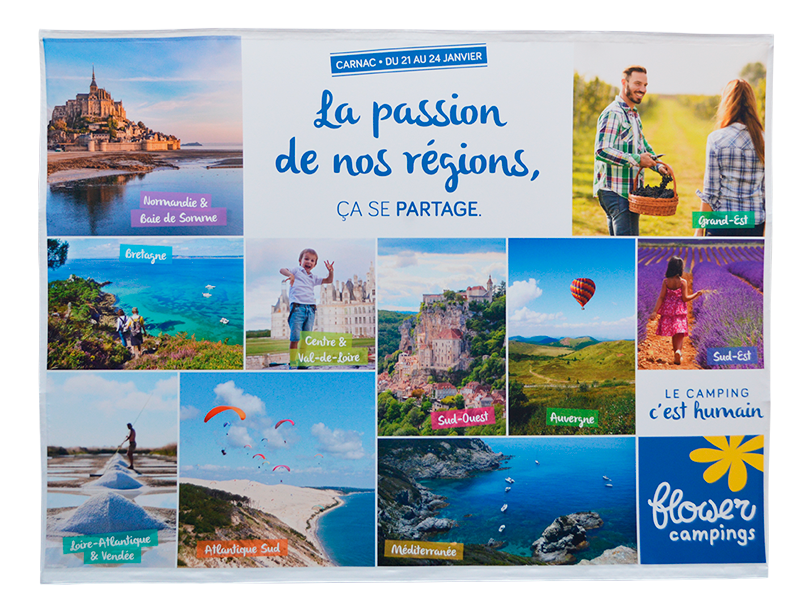 face avant de l'impression et montage d'un habillage de stand grand format pour direct Flowr camping